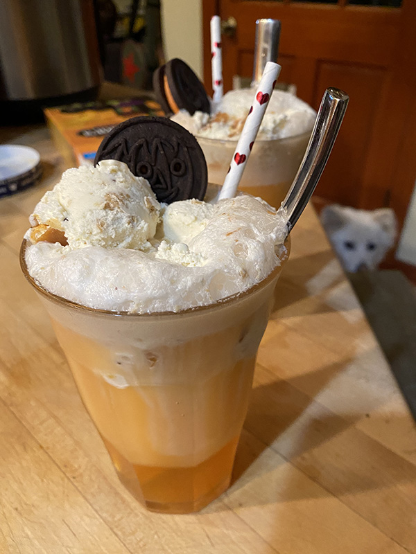 Pabu the dog eyes two Imposter drinks in malt glasses, garnished with ice cream, cookies and straws.